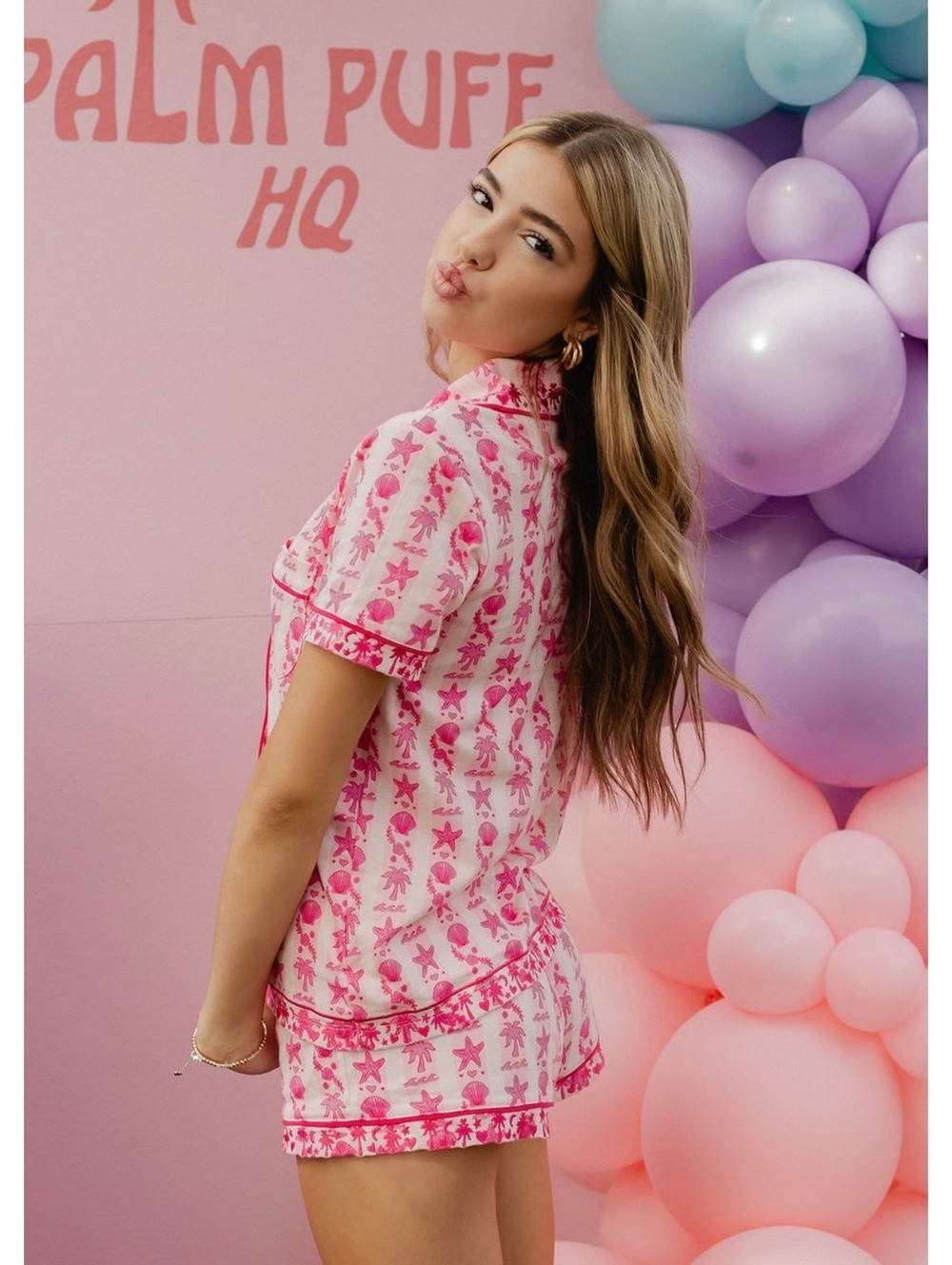 Pink Palm Puff Blush Bay Pajama Set Pink Supima Cotton Shorts Top XL